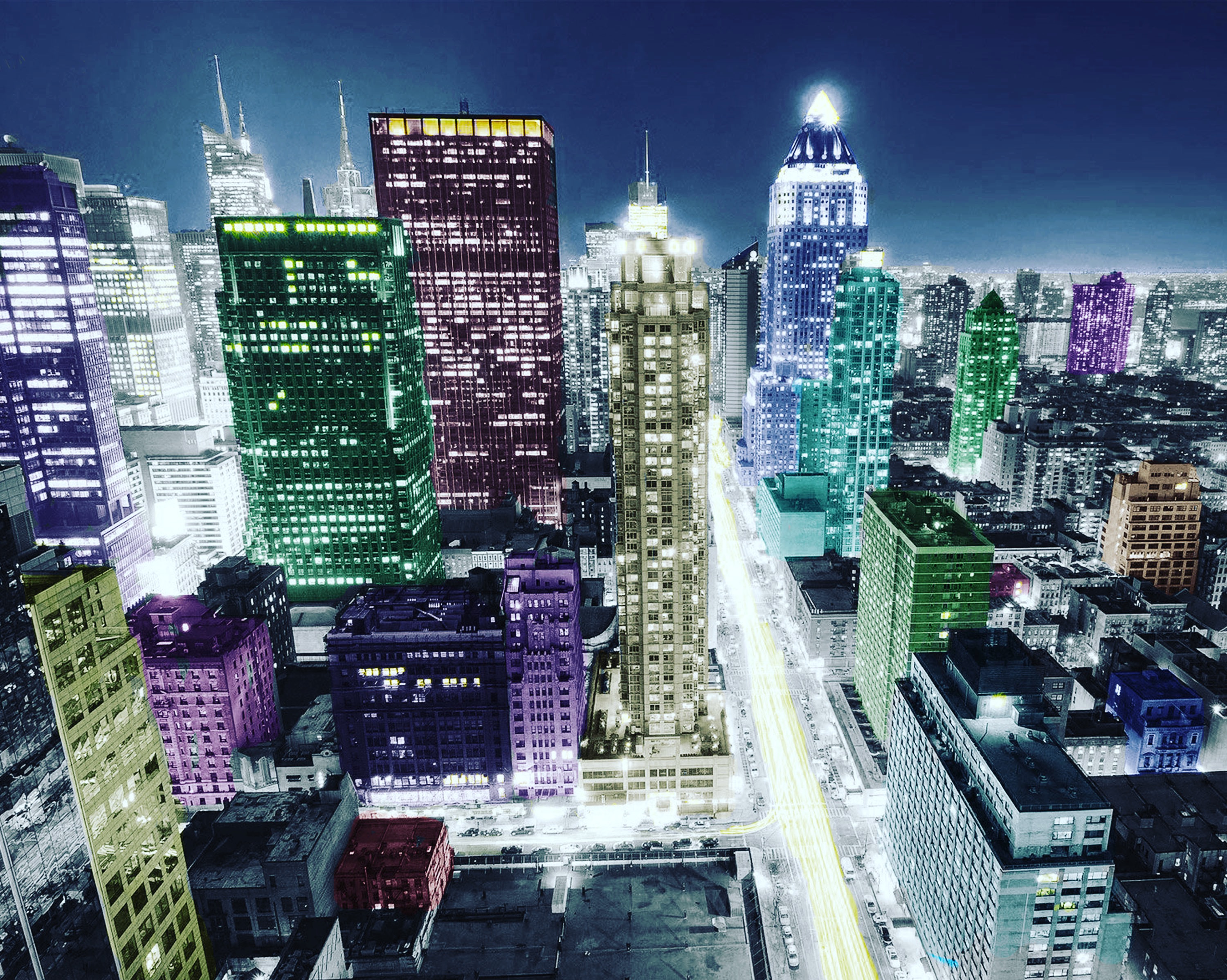 black and white photo of a city with added highlights