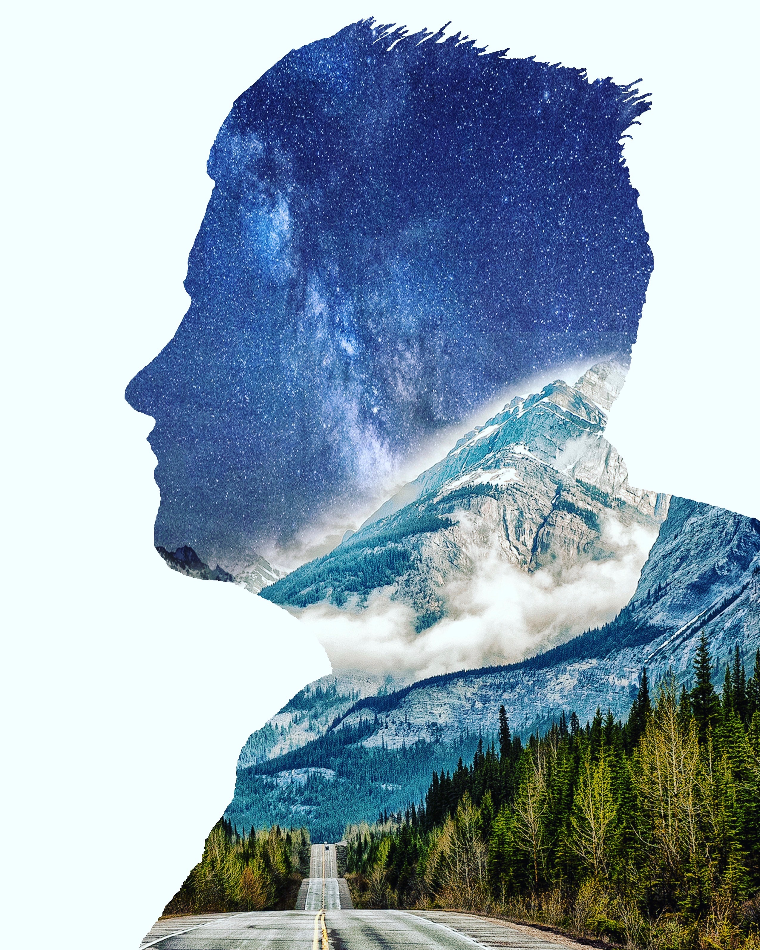 silhouette of  me with a mountain and galaxy in the background